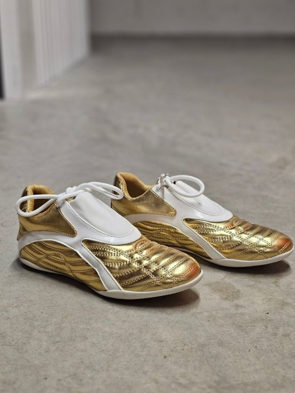Gold & White Athletic Sneakers With Quilted Design & Lace-Up Closure